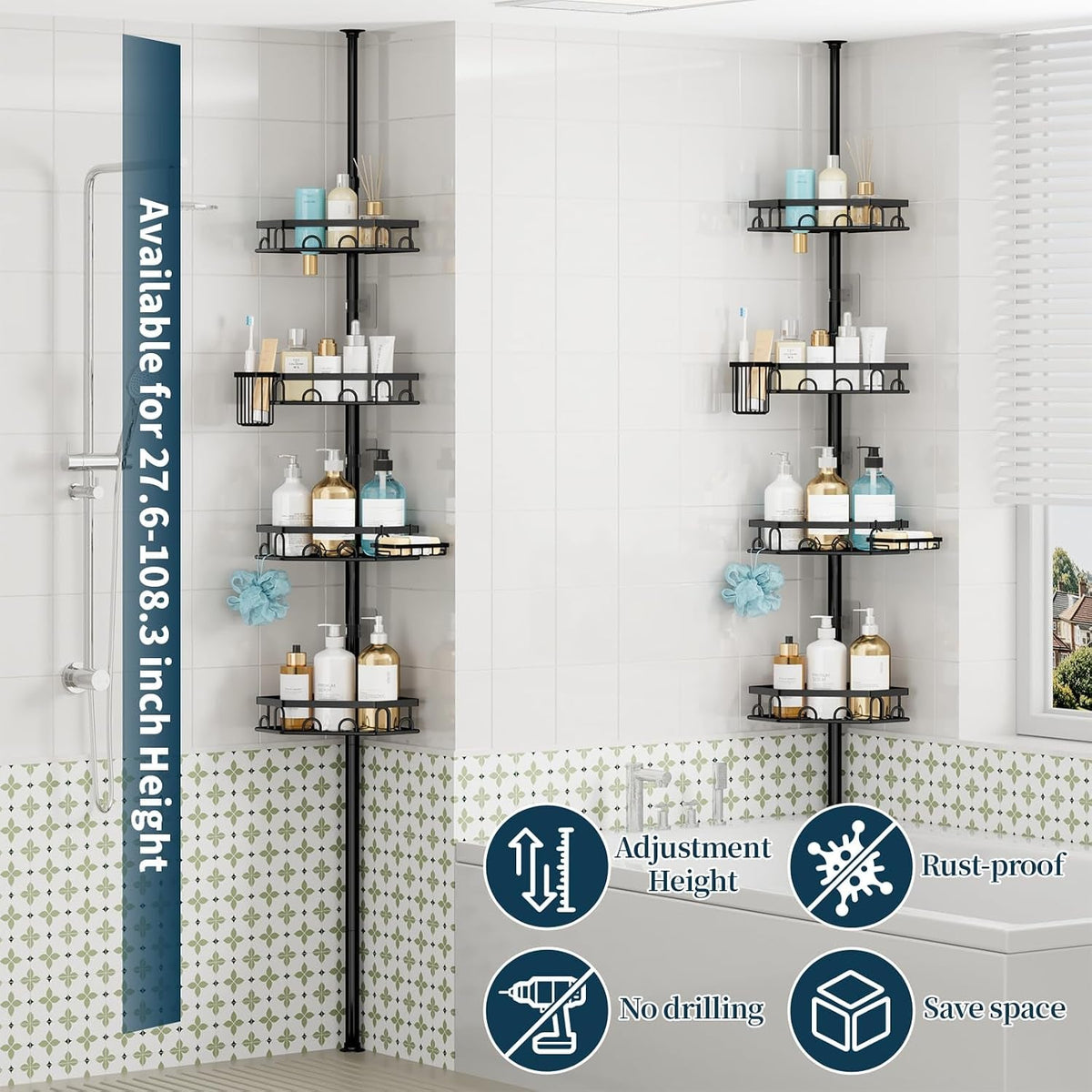 shower-caddy-tension-pole-4-tier-corner-shower-shelves-with-brush-soap-holder-304-stainless-steel-rustproof-adjustable-organizer-rack-for-bathtub-bathroom-27-6-108-3-inch-black