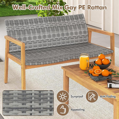 4 Pieces Outdoor Furniture Set, Acacia Wood Frame Sofa Set W/Rattan Seat & Back, Patio Conversation Set W/Coffee Table for Balcony, Poolside, Backyard (Mix Gray)3