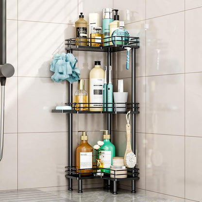 Corner Shower Caddy Standing - 3 Tier Shower Organizer Corner with Soap Holder, Rustproof Bathroom Standing Organizer with 4 Hooks, Black1
