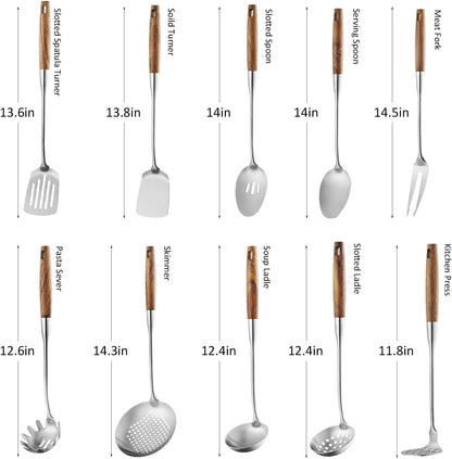 10 Pcs Cooking Utensils Set 304 Stainlss Steel Kitchen Utensils Set Heat Resistant Wooden Handle Kitchen Tools Metal Kitchen Utensil Soup Ladle Set, Dishwasher Safe2
