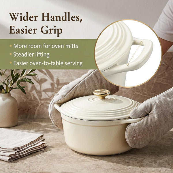 Enameled Cast Iron Dutch Oven - 5.5QT Pot with Lid Cookbook & Cotton Potholders - Heavy-Duty Cookware for Braising, Stews, Roasting, Sourdough Baking White4