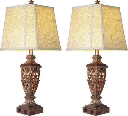 Vintage Resin Table Lamps with Night Light for Bedroom Living Room | 28.5" Tall, Night Light, Farmhouse Table Lamps Set of 2 with USB A+C Charging Ports, Linen Shade, Bulb Included, Bedside Lamp8
