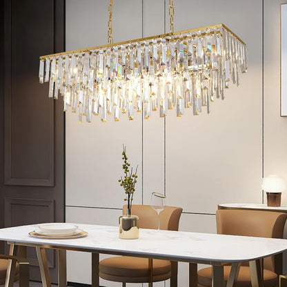 31.5" Modern Rectangle Crystal Chandelier, Gold Linear Pendant Light with Clear Crystal Prisms, Luxury Island Lighting Fixture for Dining Room Kitchen Table Living Room1