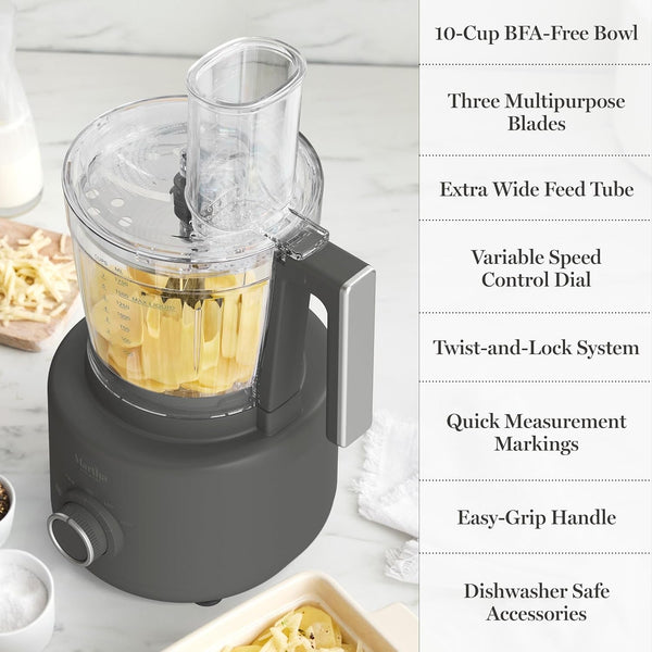 10 Cup Food Processor & Electric Chopper, One Touch Pulse | Bpa-Free Bowl, 3 Multipurpose Blades, Easy Food Prep, Chop, Slice, Shred, Puree, Emulsify, Speed Dial, Wide Feed Chute, Gray10