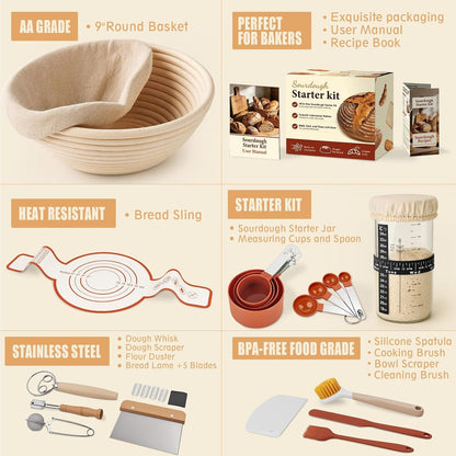 Sourdough Starter Kit, Sourdough Bread Baking Supplies, Banneton Bread Proofing Basket with Starter Jar, Dough Whisk, Scrapers, Recipe, round Bread Proofing Basket, for Bread Baking2