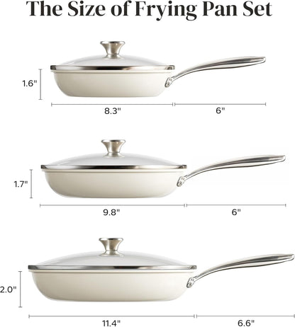 Nonstick Cookware Sets, Frying Pan Set with Tempered Glass Lids, Ceramic Cookware Set, Stay-Cool Handles, Dishwasher & Oven Safe, Compatible with All Cooktops, Beige (8+9.5+11 Inch)9
