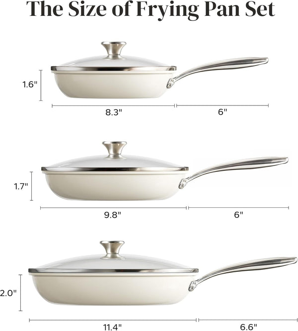 Nonstick Cookware Sets, Frying Pan Set with Tempered Glass Lids, Ceramic Cookware Set, Stay-Cool Handles, Dishwasher & Oven Safe, Compatible with All Cooktops, Beige (8+9.5+11 Inch)9