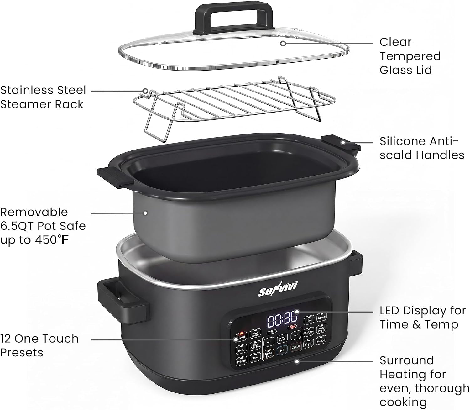 12-in-1-programmable-slow-cooker-6-5qt-with-timer-keep-warm-multicooker-with-timer-temp-control-dishwasher-safe-lid-removable-nonstick-crock-stainless-steel-rack-black
