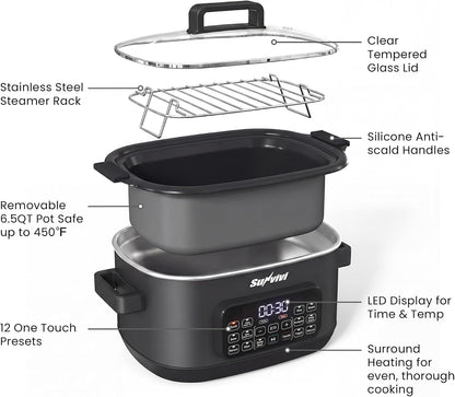 12-In-1 Programmable Slow Cooker 6.5QT with Timer & Keep Warm | Multicooker with Timer & Temp Control, Dishwasher Safe Lid & Removable Nonstick Crock, Stainless Steel Rack, Black8