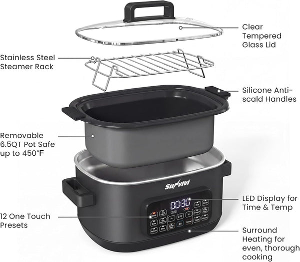 12-In-1 Programmable Slow Cooker 6.5QT with Timer & Keep Warm | Multicooker with Timer & Temp Control, Dishwasher Safe Lid & Removable Nonstick Crock, Stainless Steel Rack, Black8