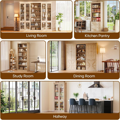 70.8" Tall Farmhouse Modular Kitchen Pantry Cabinet with Glass Doors, Wooden Storage Hutch with 6-Tier Adjustable Shelves for Kitchen Organization, Set of 4, Brown8