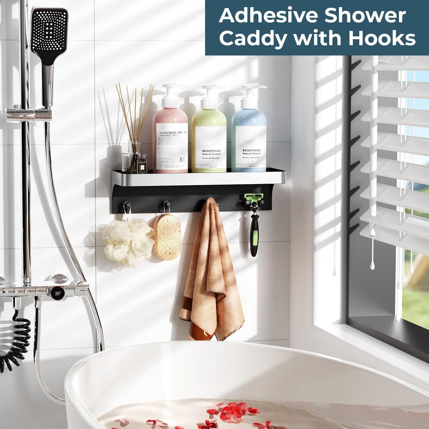 shower-caddy-adhesive-with-5-hooks-drainage-no-drill-silver
