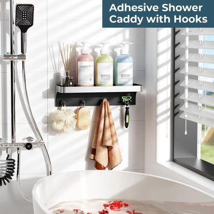 Shower Caddy Adhesive with 5 Hooks & Drainage, No-Drill, Silver2