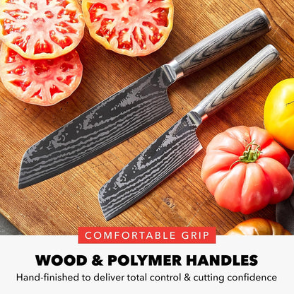 X Bobby Flay 5” & 7” Santoku Knife Set, Premium Stainless Steel Blades, Precision Cutting Kitchen Tools, Ultra-Sharp Cutlery, Hand Finished Ergonomic Wood Handle, Damascus Steel Design7