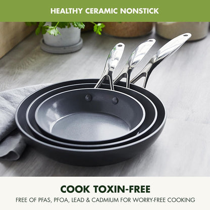 Valencia Pro 3 Piece (8", 9.5" & 11") Ceramic Nonstick Skillet Set | Frying Pans, Pfas-Free Nonstick, Induction Ready, All Cooktop Compatible, Hard Anodized, Gray, Dishwasher & Oven Safe to 600F3