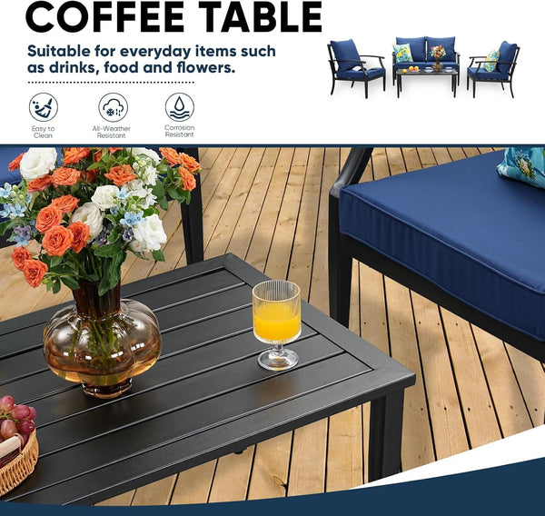 4 Piece Outdoor Patio Furniture Set, Oversized Metal Conversation Set with High Back & Deep Seating, Water-Repellent Cushions, Coffee Table for Porch, Deck, Backyard, Navy6