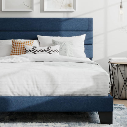 Queen Platform Bed Frame with Upholstered Fabric Headboard, Blue8