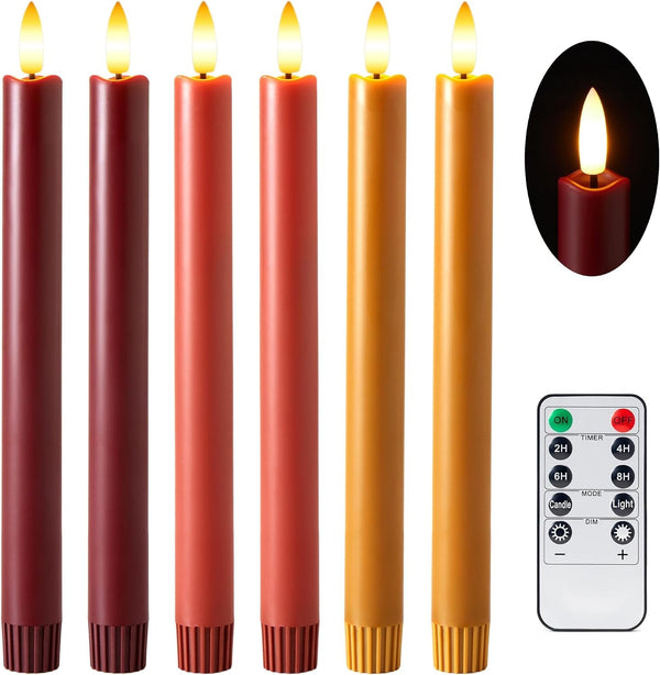 Fall Flameless Taper Candles with Remote and Timer, 10" 6Pk LED Candlesticks, Battery Operated Thanksgiving Candles with 3D Flickering Flame, Bordeaux, Terra Cotta & Caramel (Autumn Harvest)1