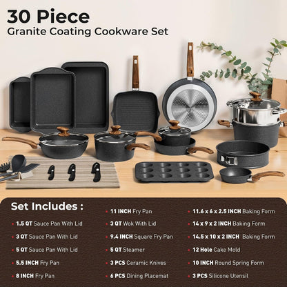 30 Pcs Pots and Pans Set Non Stick, Granite Induction Cookware | Compatible with All Cooktops, 100% PFOA, PFOS, and Toxin-Free, Even Heat Distribution6