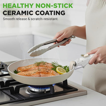 18-Piece Ceramic Cookware Set with Detachable Handles, Space-Saving Nonstick Pots, Pans & Lids, Oven-Safe Bowls, Stackable Storage, Includes Cooking Utensils & Accessories (Green)2