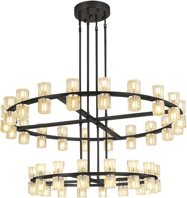 D32''+D40'' Large Black Wagon Wheel Chandelier 72-Lights Black round Chandeliers Glass Chandeliers for Dining Room,Living Room Vintage Chandelier9