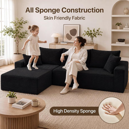 94" Boneless Couch, L-Shape Corduroy Sectional Sofa, Black5