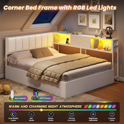 Corner Full Lift up Bed with Hydraulic Storage and Bookcase, White4