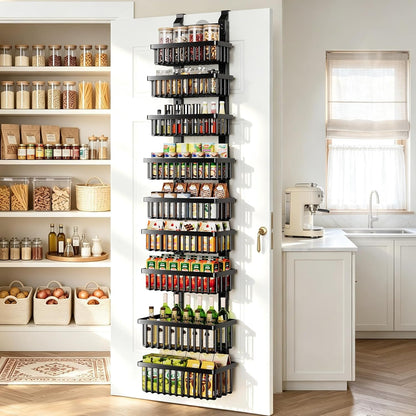 9 Tier Narrow over the Door Pantry Organizer, 2 in 1 Wall Mount or Hanging Spice Rack with Adjustable Deep Basket, Heavy-Duty Seasoning Organizer and Storage for Kitchen Closet Bathroom1