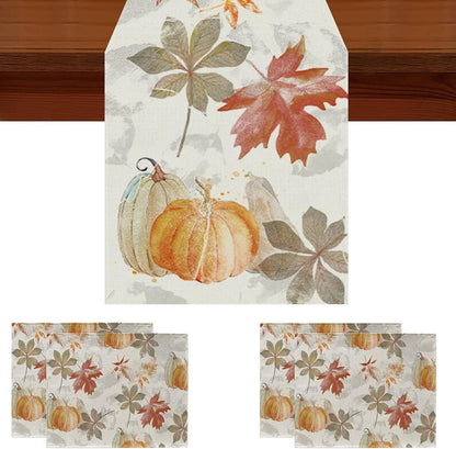 Fall Table Runner and Placemats Set of 5, Fall Pumpkin Leaves Linen Seasonal Kitchen Dining Table Home Outdoor Party Decorations 13X72 Inch1
