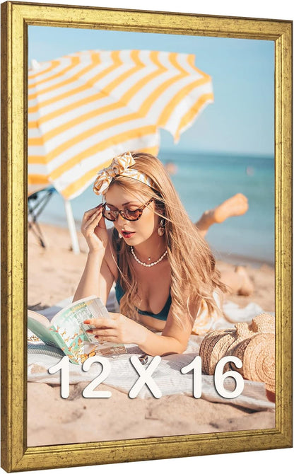 12X16 Wood Picture Frame Gold, Ornate Natural 16X12In Frame, Modern Golden 12 X 16 Inch Gallery Wall Photo Poster Frame with HD Plexiglass, Horizontal Vertical Wall Mounting Display 1Pcs1