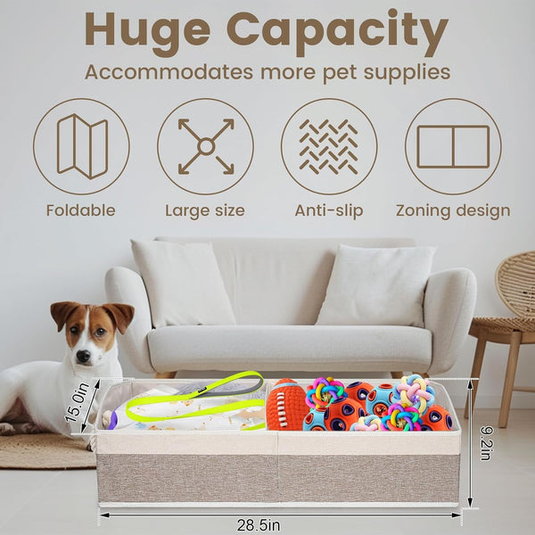 Large Dog Toy Basket with Handle, Foldable Dog Toy Box for Living Room Area , 28.5" Basket for Dog'S Supplies, Organizer and Storage with Hard Board, Anti-Slip for Pet Toys (Brown, Large 28.5"×15")2