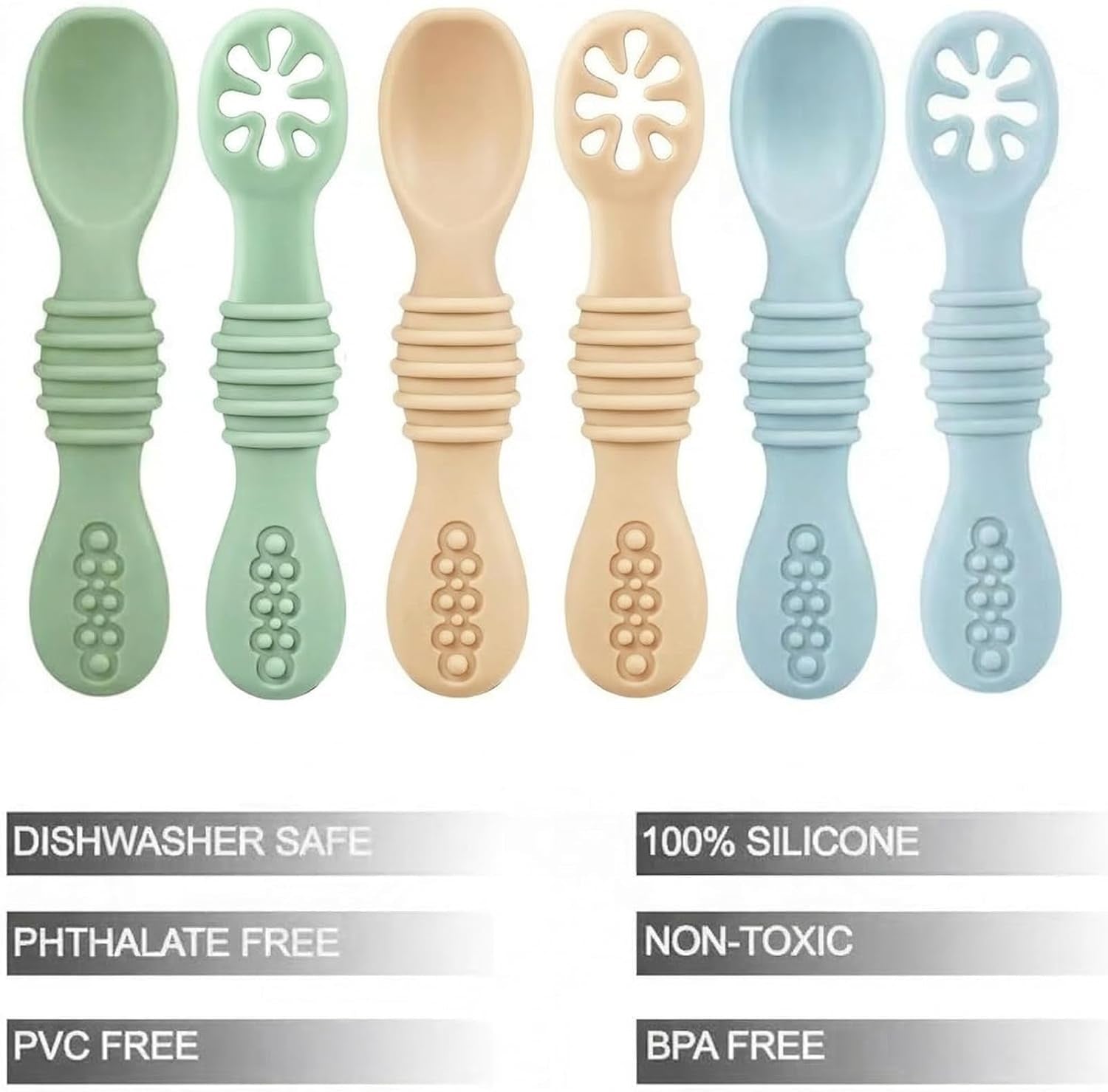6-pack-silicone-baby-spoons-first-stage-self-feeding-utensils-soft-silicone-tip-shallow-spoon-design-easy-grip-handle-6-months-first-stage-self-feeding-baby-led-weaning-bpa-free