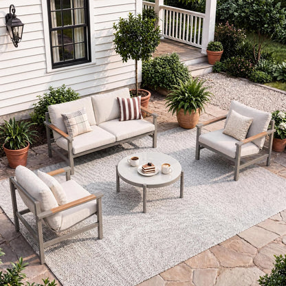 4-Piece Patio Conversation Set, All-Aluminum Outdoor Furniture Set with Teak-Look Armrests & Olefin Cushions, Weather-Resistant Patio Furniture for Backyard, Porch, Balcony, Deck1