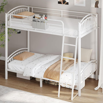 Metal Bunk Bed Twin over Twin, Heavy Duty Industrial Bunkbeds for Adult&Teen with Bedside Caddy, EVA Anti-Slip Convertible Ladder&Flat Rungs, Space Saving Bunkbeds Frame for Bedroom Dorm(White)1