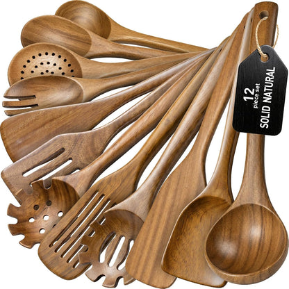Wooden Spoons for Cooking, 12-Piece Teak Wood Kitchen Utensil Set, Nonstick Safe Wooden Spatulas and Spoons, Smooth Heat-Friendly Cooking Utensils for Everyday Meals (A12)1