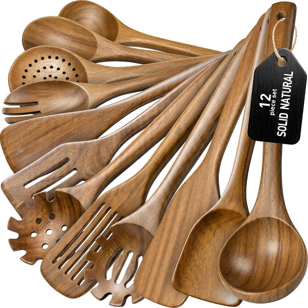 Wooden Spoons for Cooking, 12-Piece Teak Wood Kitchen Utensil Set, Nonstick Safe Wooden Spatulas and Spoons, Smooth Heat-Friendly Cooking Utensils for Everyday Meals (A12)1