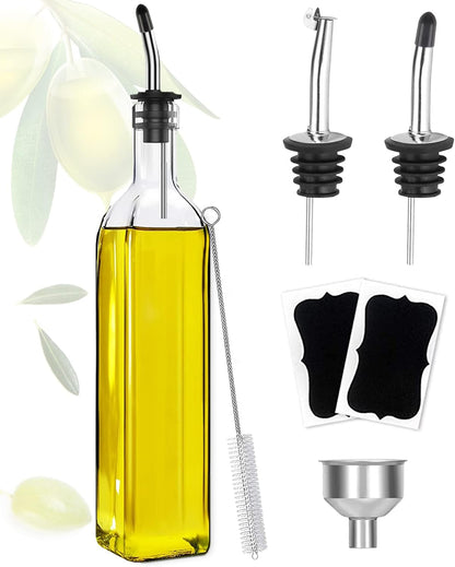Olive Oil Dispenser, 17Oz/500Ml Square Tall Glass Container with 2 Stainless Steel Pourers, 2 Labels, 1 Brush and 1 Funnel for Kitchen1