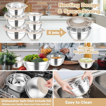 Mixing Bowls with Clear Lids, Stainless Steel Salad Bowls, Khaki7