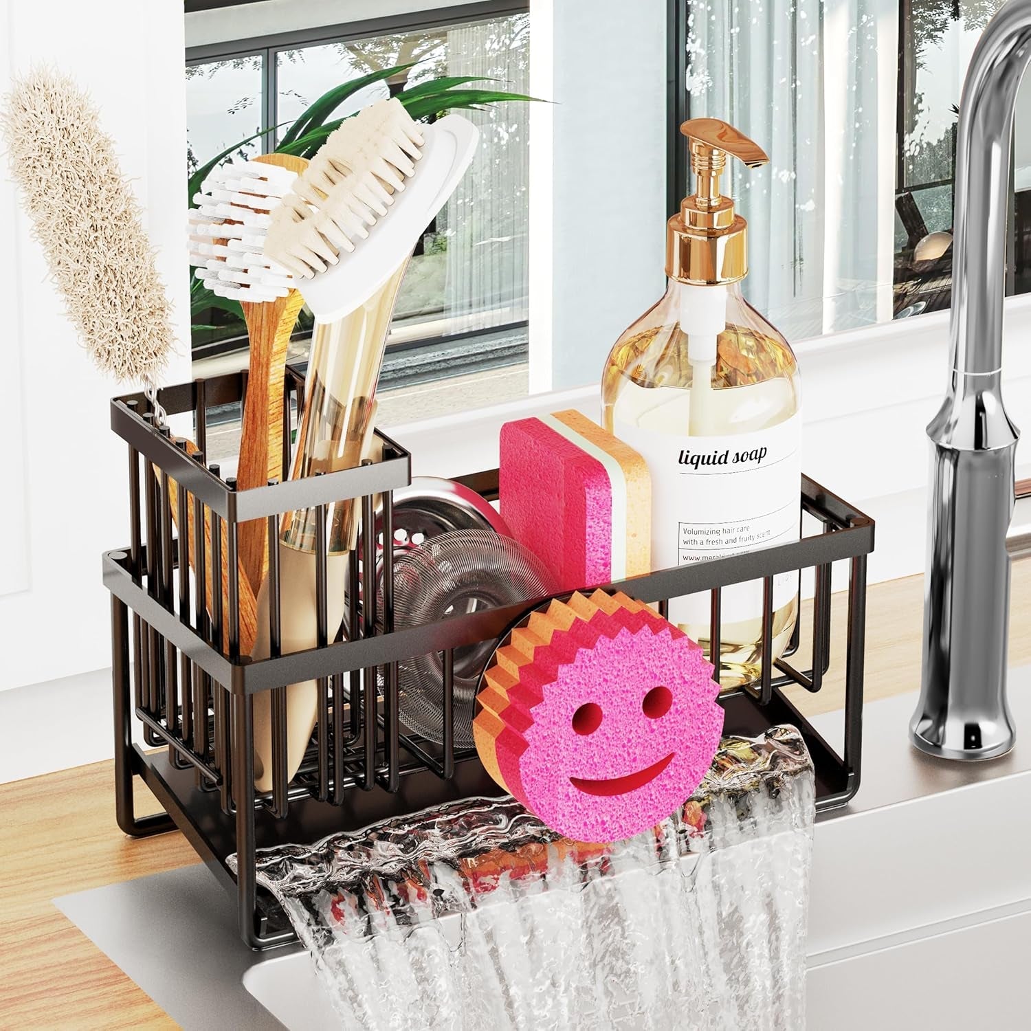 sponge-holder-for-kitchen-sink-smiley-face-sink-caddy-with-removable-brush-holder-self-draining-sponge-caddy-for-sponge-soap-dish-brush-scrubber-kitchen-essentials-and-gadgets