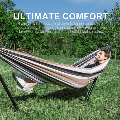 Double Hammock with Stand for Outside, Heavy-Duty, Portable (Coffee) | 450 Lbs, 9FT, Space Saving, 2 Person, Heavy-Duty Steel Frame, Easy Assembly, Indoor Outdoor Patio3