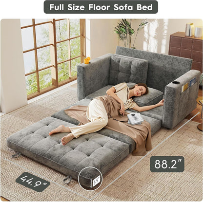 55" Convertible Folding Sofa Bed, Pull Out Couch Love Seat Sleeper Bed, Small Fold Out Loveseat Sleeper with Cup Holder and Pillow for Small Space, Bedroom Lounge, Dorm, Living Room(Grey Chenille)5