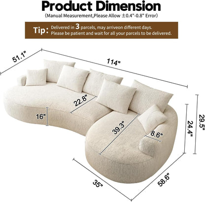 115-Inch L-Shaped Luxurious Modern Contoured Curved-Back Sofa, a Seamless Boneless Design with Curved Silhouette, Ideal for Living Room Use(Right Chaise,White)2
