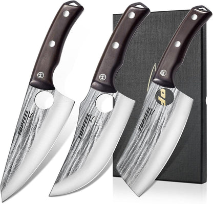 3-Piece 6-Inch Hand-Forged Butcher Knife Set, High Carbon Steel | 6-Inch Chef, Boning and Nakiri Knives with Finger Holes, Red Sandalwood Handles and Gift-Ready Box for Home, Camping and BBQ1