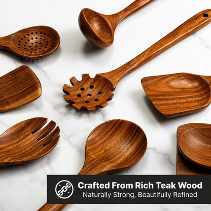 Wooden Kitchen Utensil Set, 9-Piece Teak Wood Cooking Spoons-Heat-Resistant, Non-Scratch, Durable Kitchen Tools, Perfect Cooking Gift8