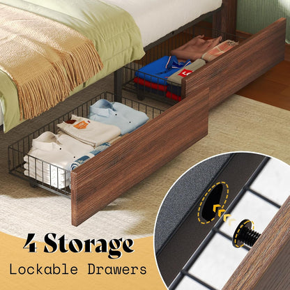 King Size Farmhouse Storage Bed Frame with Headboard & 4 Drawers3