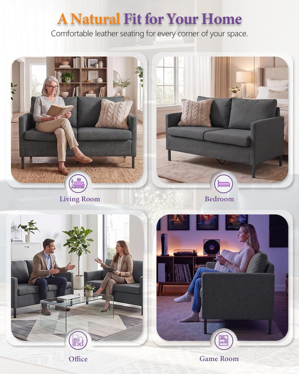 51'' Dark Grey Small Couch Loveseat, 2-Seater Linen Sofa7