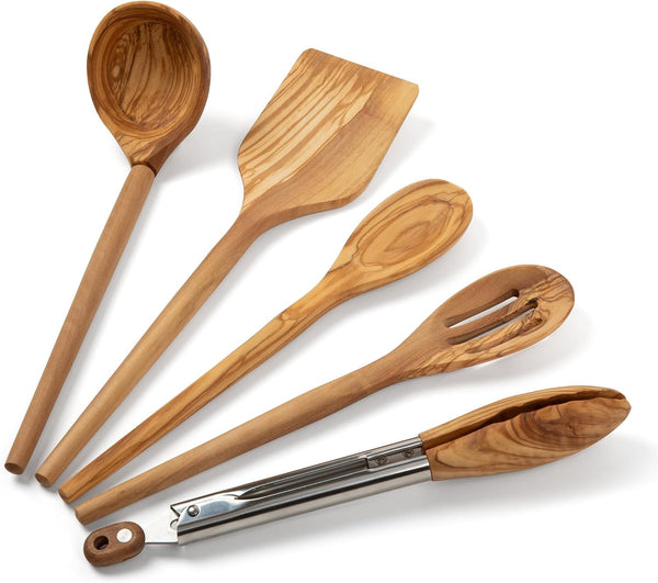 5-Piece Olive Wood Kitchen Utensil Set with Turner, Tongs, Slotted Spoon, Ladle and 12" Spoon, Farmhouse Style Kitchen & Cookware, Ideal for Entertaining, Wedding and Housewarming Gift6