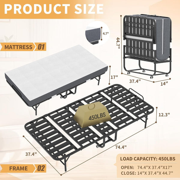 Folding Bed with Mattress for Adults,75" X 38" Portable Rollaway Bed Guest on Wheels with Memory Mattress and Heavy Duty Sturdy Metal Frame,Foldable Bed for Adults and Guest, Twin Size,Cot Size3