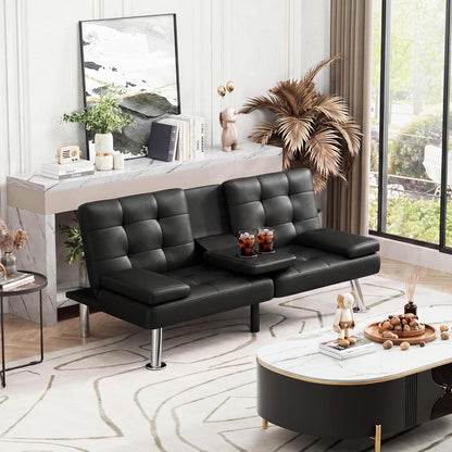 Black Faux Leather Futon Sofa Bed, Loveseat with Adjustable Backrest | Futon Couch with Removable Armrests, Recliner Sleeper Sofa Bed with Dual Cup Holders for Living Room, Apartment, Office|Black2