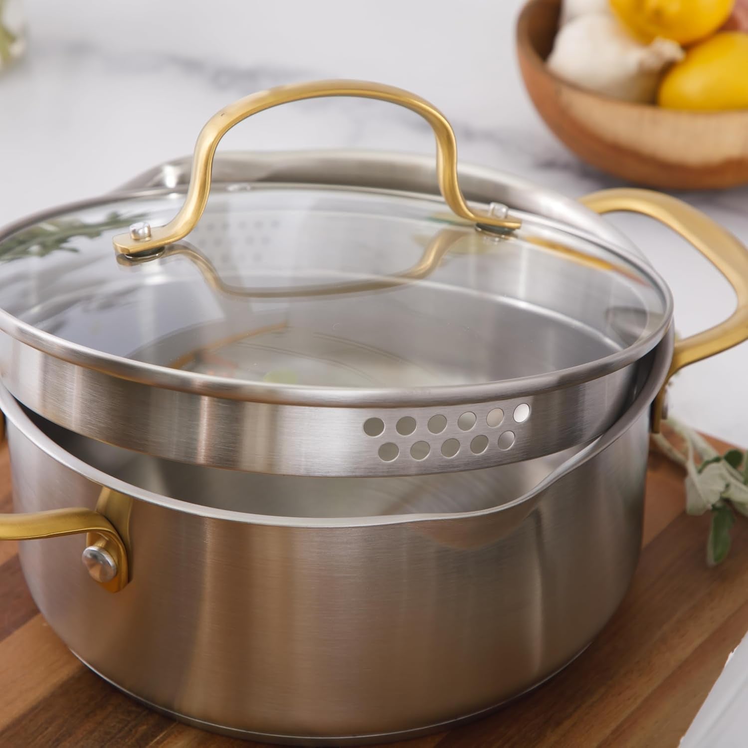 oster-platinum-sunstreak-pots-and-pans-set-10-piece-stainless-steel-cookware-set-with-glass-strainer-lids-and-gold-handles-induction-cookware-set